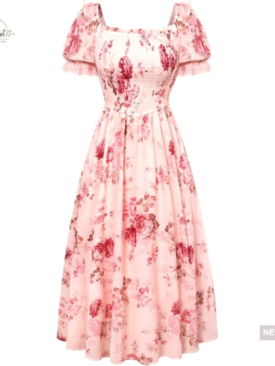 Dresses & Skirts - Floral Maxi Dress with Puff Sleeves Square Neck A-Line Wedding Guest